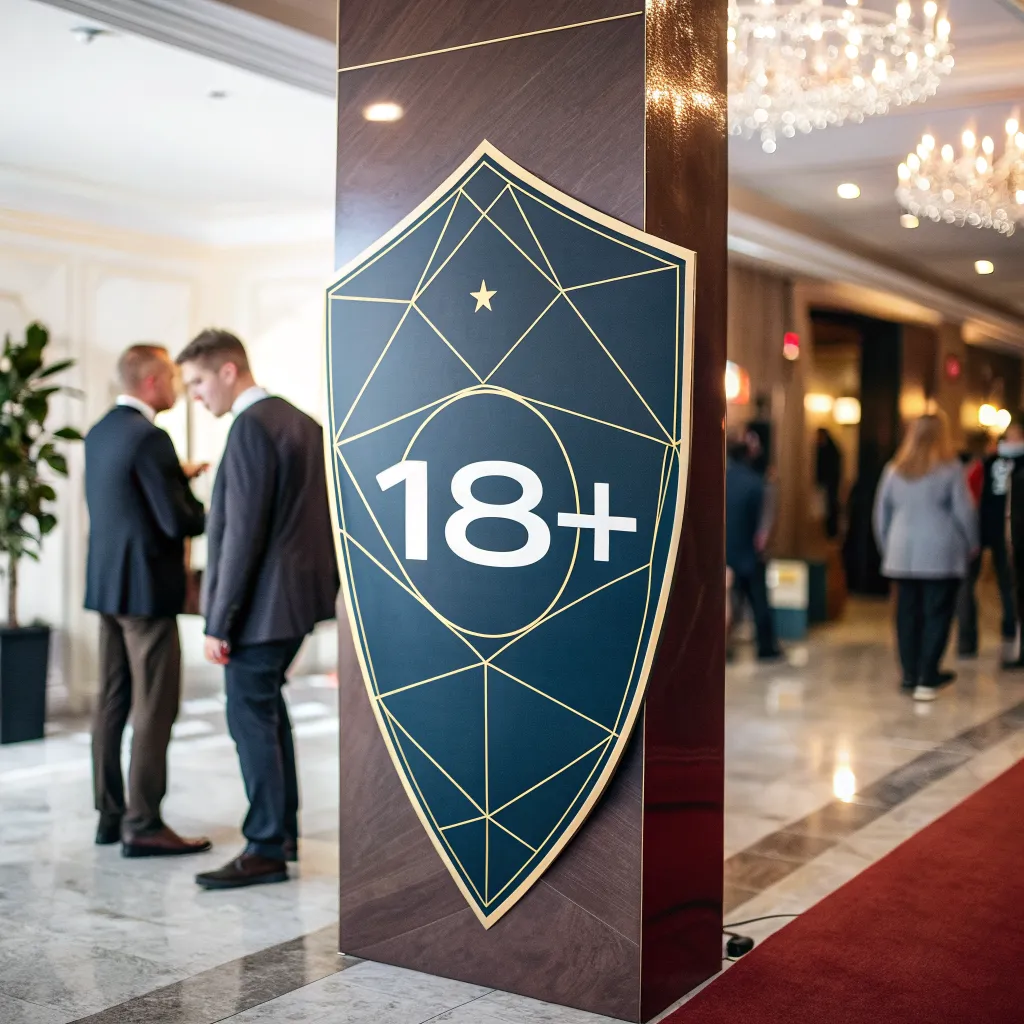 Ilustración geométrica de un escudo de protección al menor con el símbolo 18+ y líneas de verificación de edad