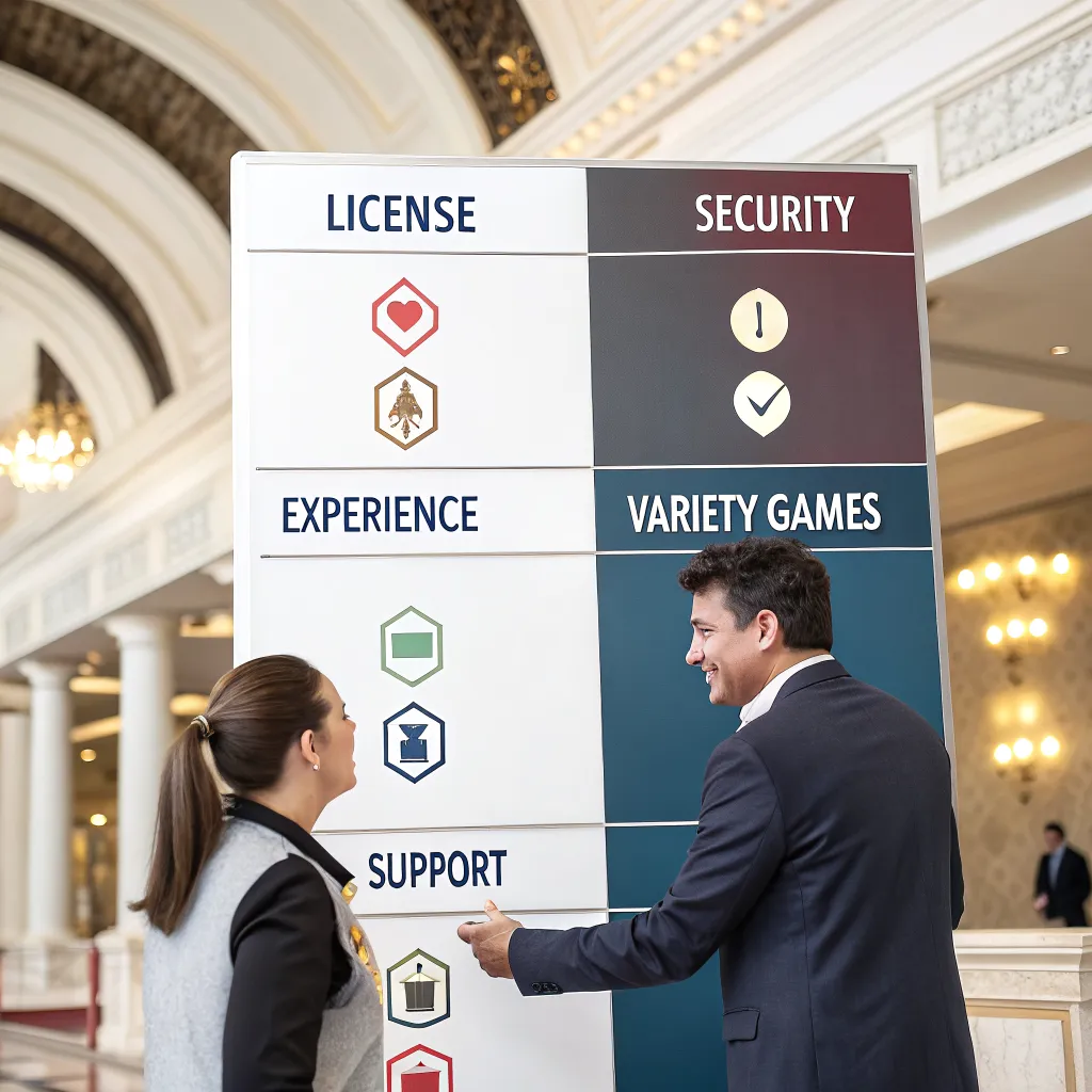 Diagrama de línea mostrando los cinco pilares de evaluación: licencia, seguridad, experiencia, variedad de juegos y soporte
